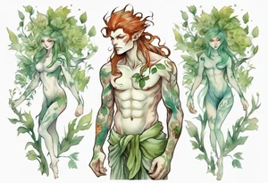 a slender and beautiful male dryad with pale green skin and auburn hair and roots for feet tattoo idea