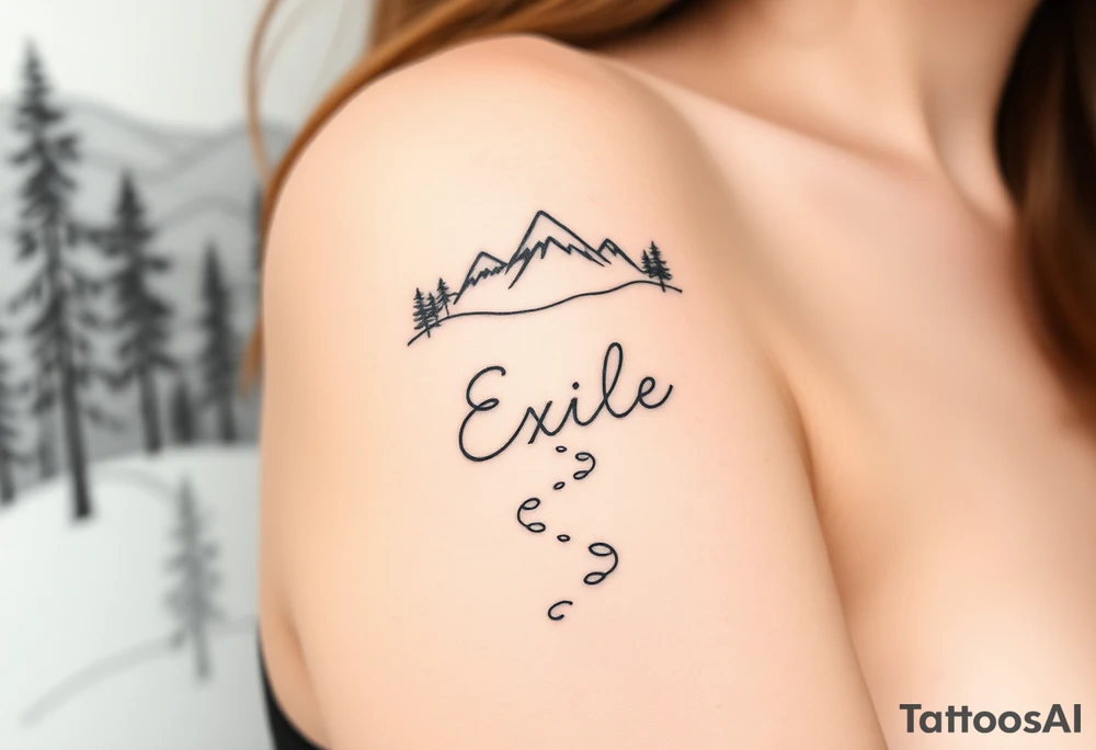 A path in the woods with mountains in the background, the word "Exile" blended in the drawing. The path should be subtle and the tattoo should be fine line tattoo idea