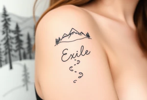 A path in the woods with mountains in the background, the word "Exile" blended in the drawing. The path should be subtle and the tattoo should be fine line tattoo idea