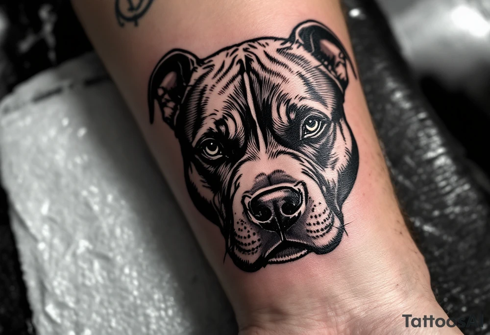 Blackwork pitbull head, solid black ink with negative space for fur and facial features, bold and dramatic. tattoo idea