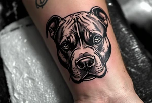 Blackwork pitbull head, solid black ink with negative space for fur and facial features, bold and dramatic. tattoo idea
