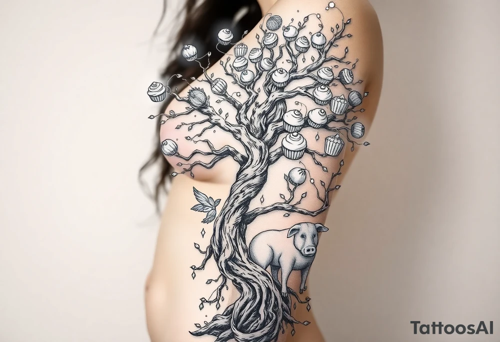 mystical tree  with cosmic  branches fat naked sexy woman , peacock , pig , cupcakes, sins,  Storm clouds, pig, peacock , fat sexy naked fat woman, cupcakes, noose , money, goat lion, man sex toys pussy dicks, cigerette storm lightening, killing, darkness death, violent majestic creatures and penis and vagina tattoo idea