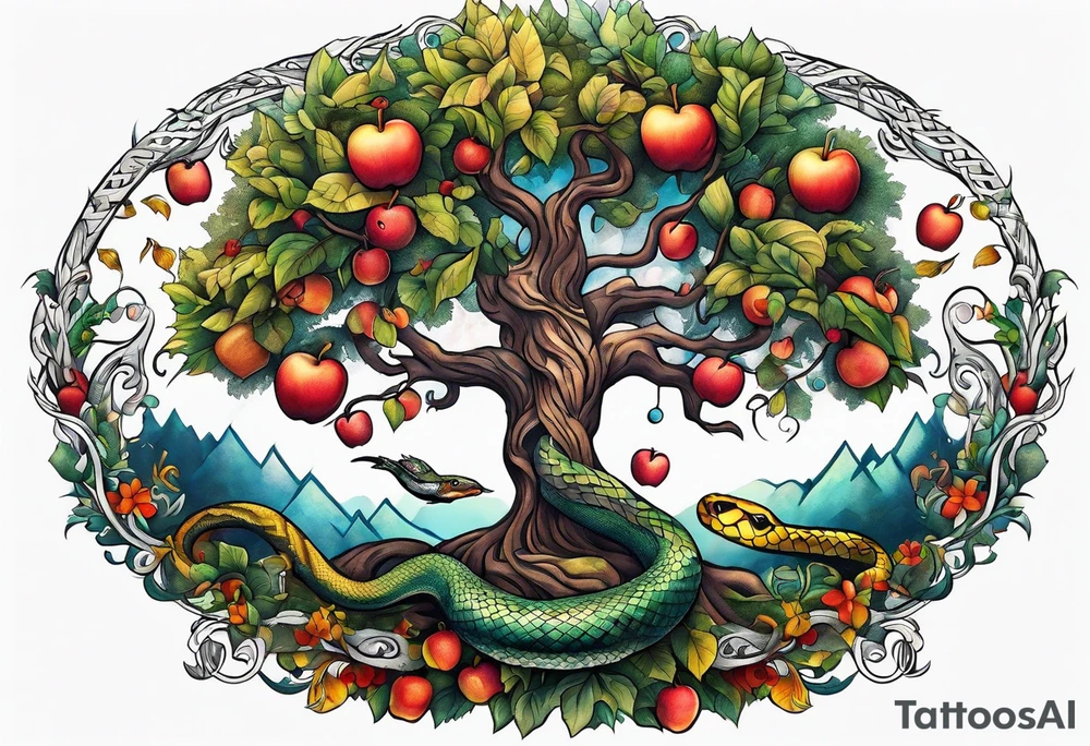 Tree of life with snake and apple tattoo idea