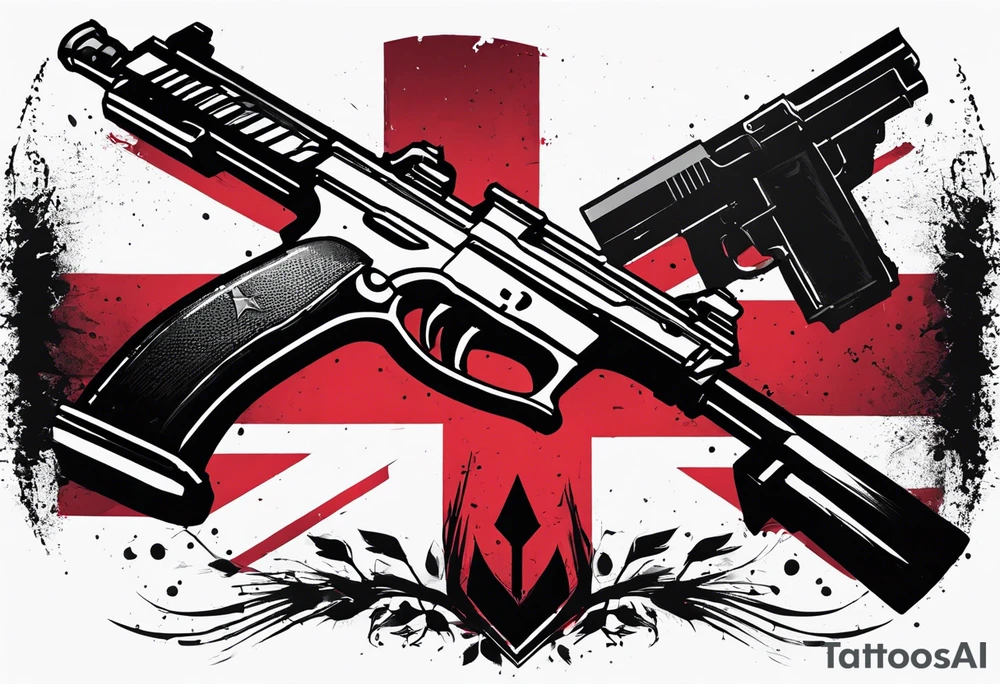 Distressed American flag behind cross with 2 guns leaned on it simple tattoo idea