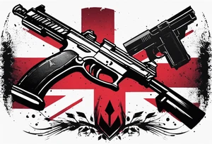 Distressed American flag behind cross with 2 guns leaned on it simple tattoo idea