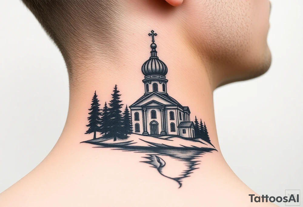 medium sized russian orthodox dome church with a separated virgin mary praying beside a lake and pine trees on the sized of my neck tattoo idea