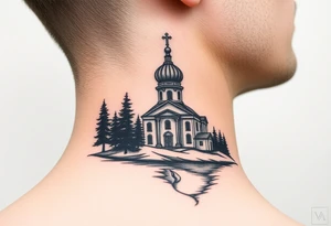 medium sized russian orthodox dome church with a separated virgin mary praying beside a lake and pine trees on the sized of my neck tattoo idea