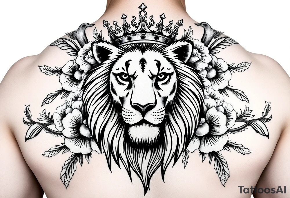 powerful majestic lion with a crown, surrounded by floral ornaments and birds tattoo idea