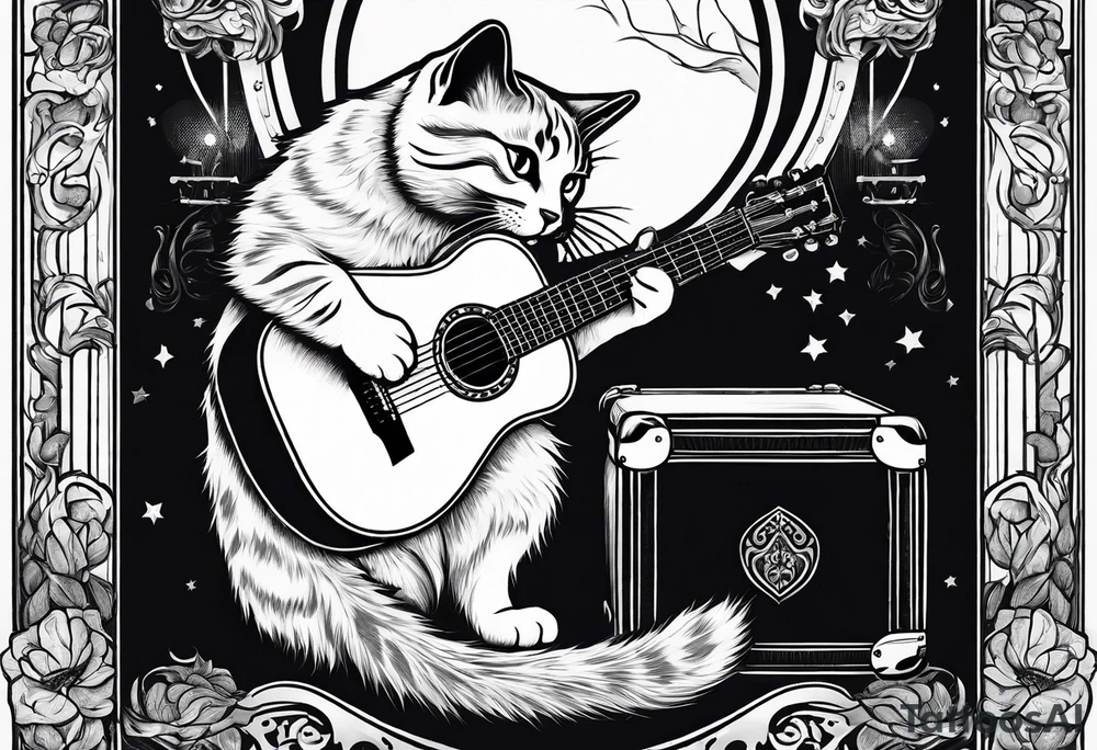 A cat playing acoustic guitar and sitting on a cajon. Dont forget the cajon. tattoo idea