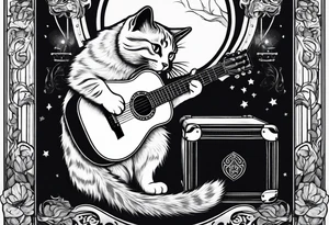 A cat playing acoustic guitar and sitting on a cajon. Dont forget the cajon. tattoo idea