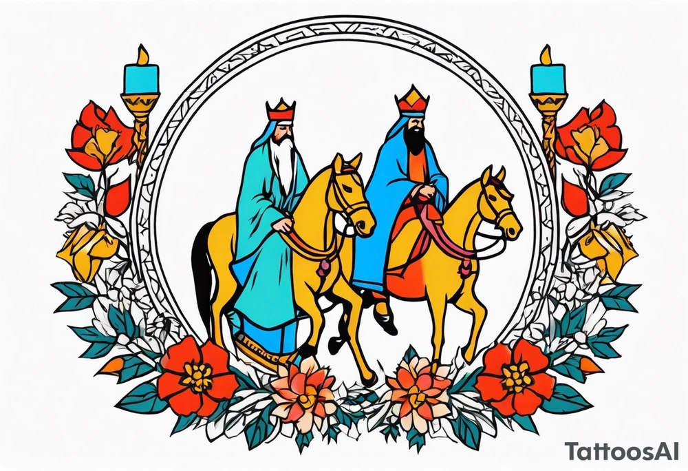 three wise men
old school vintage simple traditional design with vintage flowers surrounding it bold color simple tattoo idea