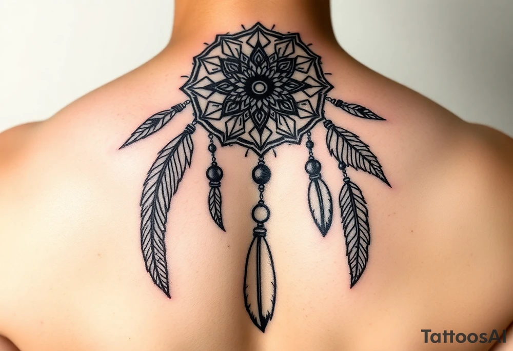native dreamcatcher with flowing feathers and sacred beads tattoo idea