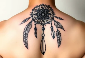 native dreamcatcher with flowing feathers and sacred beads tattoo idea