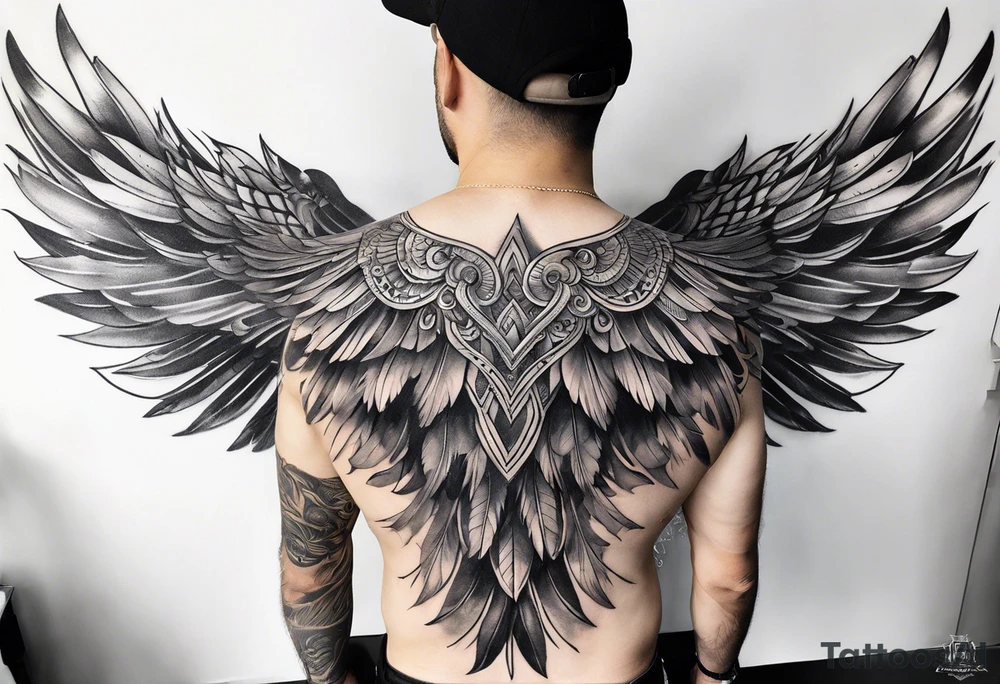 wings tattoo extending from a mens shoulders, covering the upper arms and upper back. The feathers are intricately detailed, with soft shading in black and gray to create depth and texture. tattoo idea