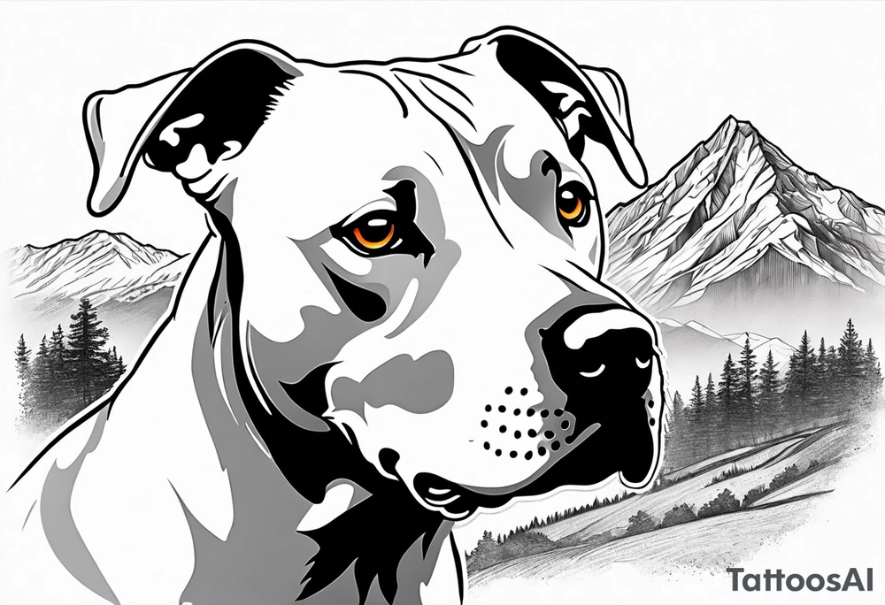 white purebred pitbull with a black spot on left eye  with mountain in the background tattoo idea