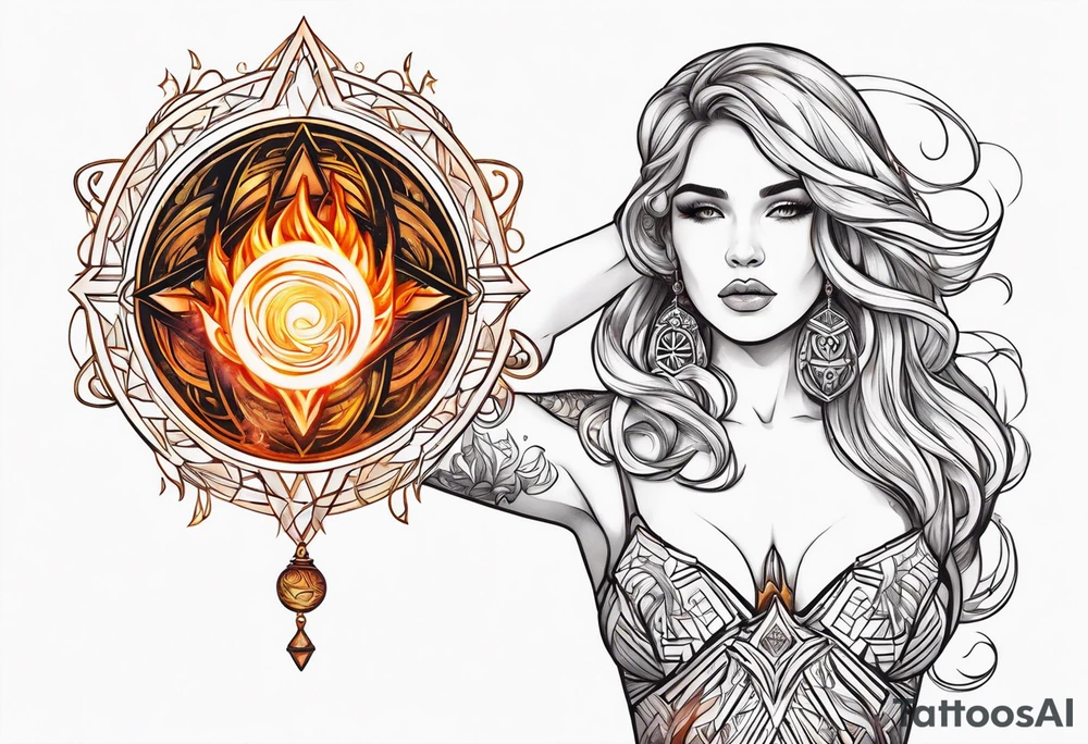 Woman holding fiery orb of creation above her head tattoo idea