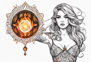 Woman holding fiery orb of creation above her head tattoo idea