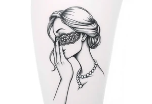 Black and white profile of woman with chin pressed on hand, lace covering  her eyes as and pearl necklace siting in her.mouth tattoo idea