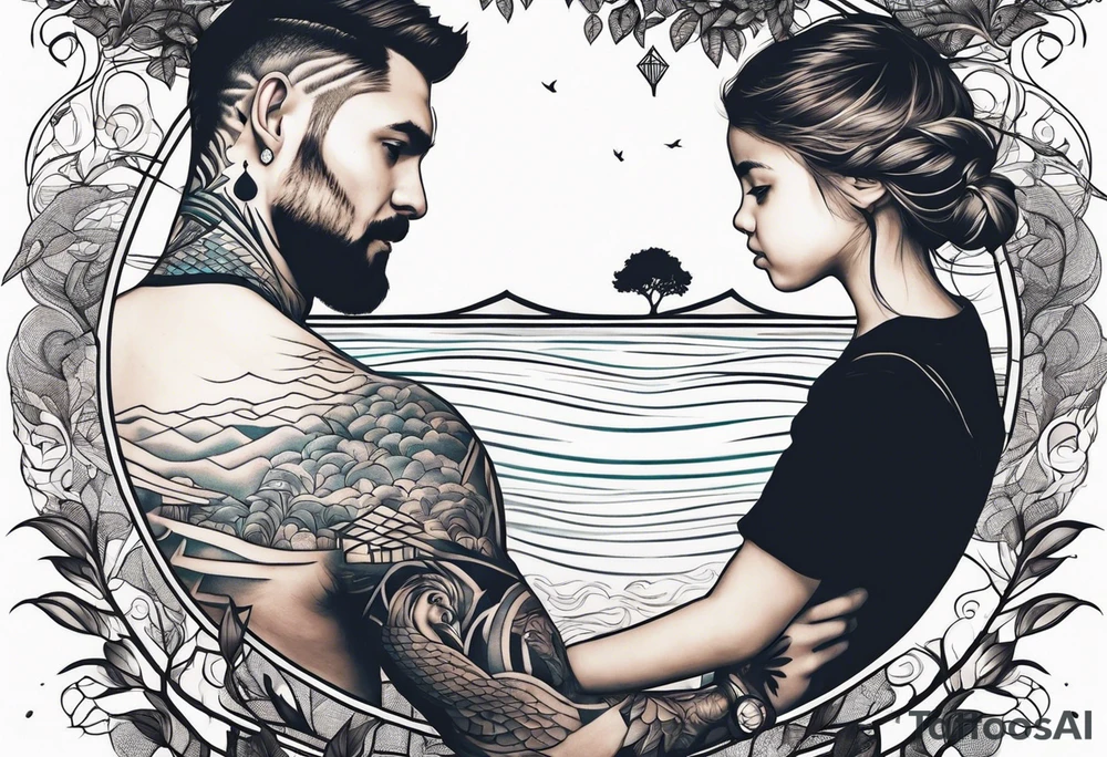 Father daughter younger son tattoo in front of water and tree tattoo idea