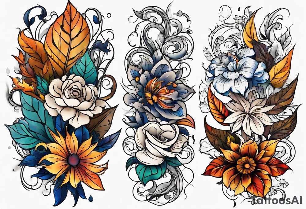 arm sleeve with fall colors, flowers, water, leaves and various shapes tattoo idea