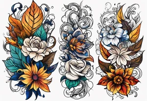 arm sleeve with fall colors, flowers, water, leaves and various shapes tattoo idea