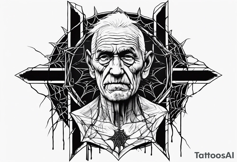 crified old rotting man. Full cross and body need to be visible. Wooden cross with hanging spider's web tattoo idea