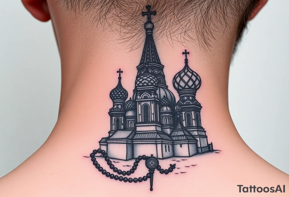 St. Basil's Cathedral scene with a christian orthodox in a ak47 style with a beaded orthodox thurible chain tattoo idea