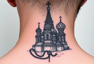 St. Basil's Cathedral scene with a christian orthodox in a ak47 style with a beaded orthodox thurible chain tattoo idea