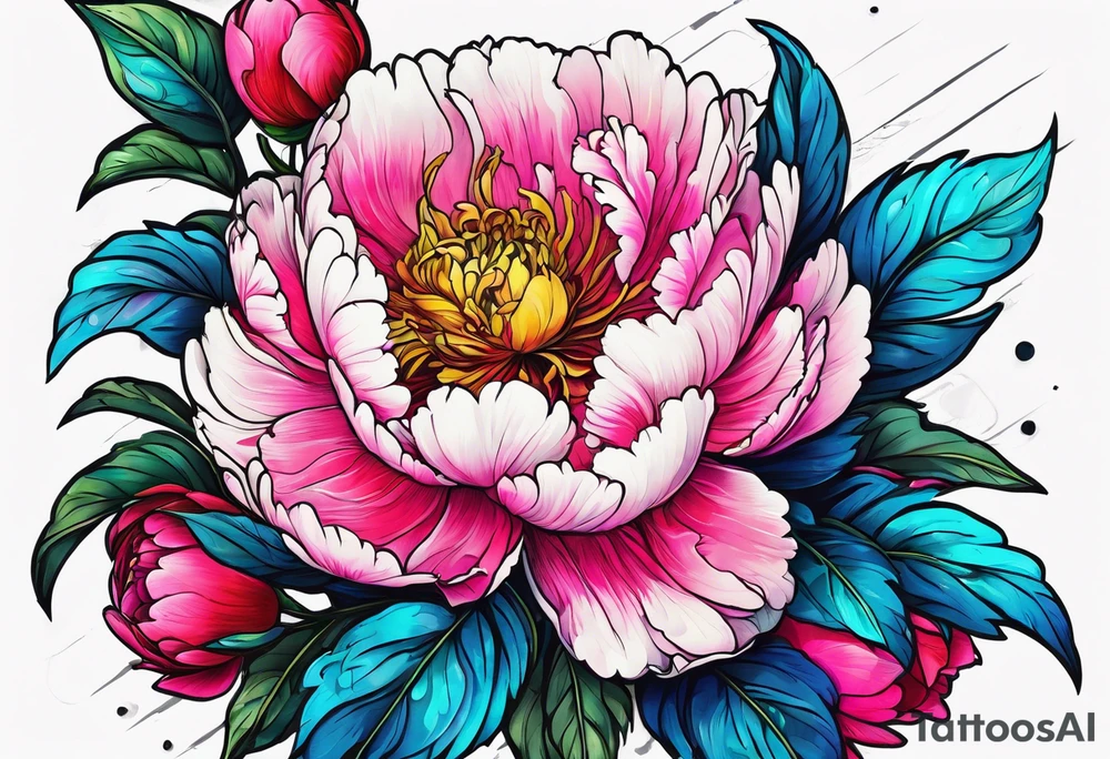beautiful. colorful, neon, multicolored peony, white background, highly detailed, new school, new school style, street style, streetwear, urban wear, partially bloomed tattoo idea