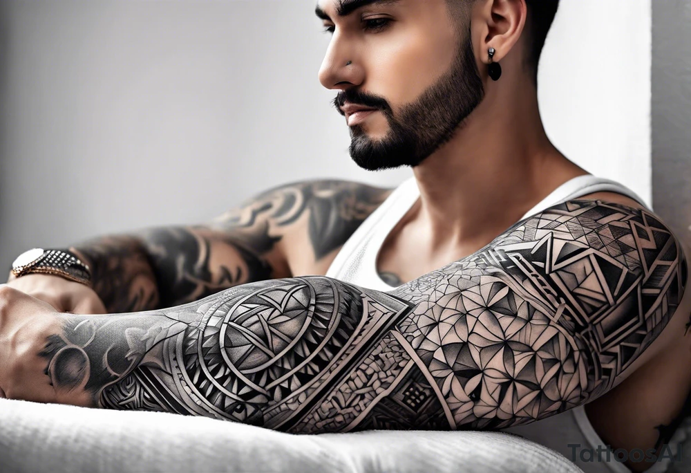 A full sleeve for the forearm with a geometric design tattoo idea