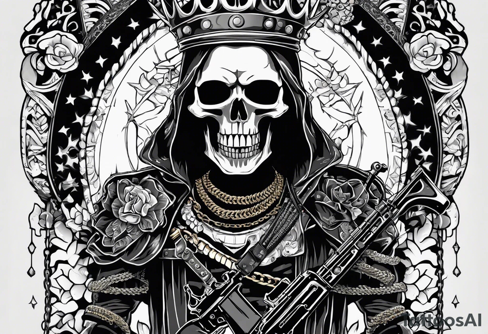 image of a skeleton standing frontally with a crown on his head, holding an AK-47 on his shoulder with his right hand. The chain on the left should be taut, there are three angry barking Dobermans in it, near the waist tattoo idea