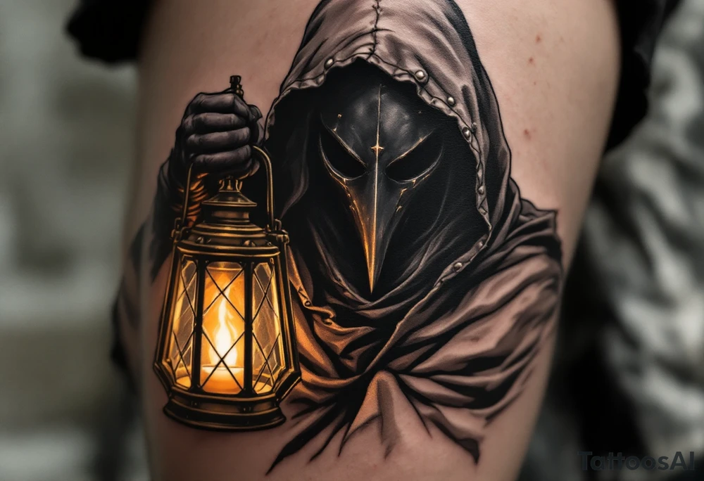 Medieval Plague Doctor with Lantern – A shadowy plague doctor in a worn-out dark brown cloak, holding an old brass lantern with a flickering warm yellow candlelight inside. The beaked mask is deep black with silver rivets. tattoo idea