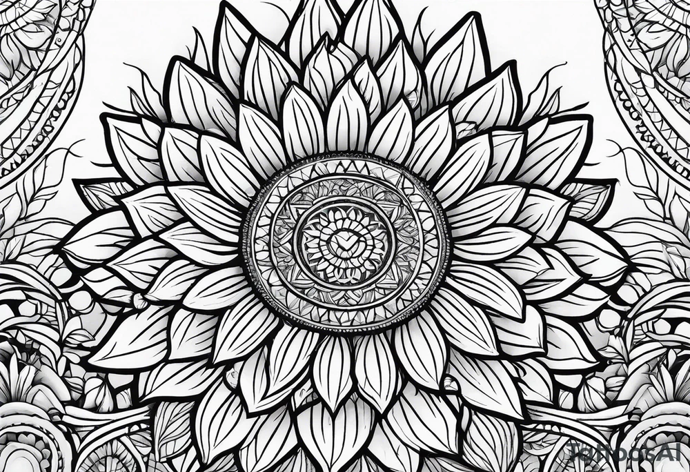 sunflower geometric with leaves mandala tattoo idea