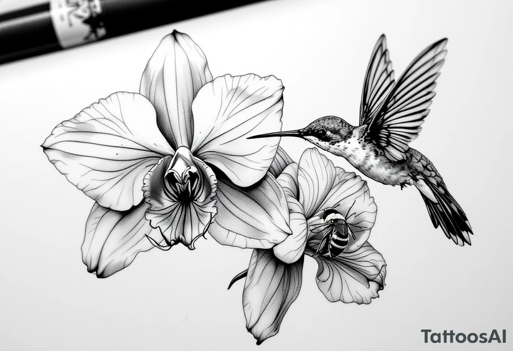 A delicate, black and white fine-line tattoo for male, featuring gracefully detailed 2 orchids in full bloom including their stems, with soft, intricate petals and elegant curves. Beside it, a hummingbird hovers mid-flight, its wings drawn with subtle motion lines, its slender beak reaching toward the orchid’s center to drink its nectar. on the other flower there is a bee that is resting tattoo idea