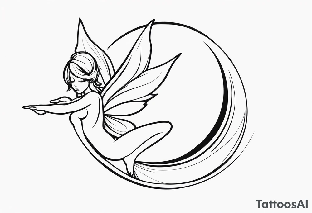 Minimalistic, monochromatic fairy with a tail flying to the left in a fetal position, leaning and looking in the same direction, with visible hands, embodying the 'Fairy Tail' logo aesthetic. tattoo idea