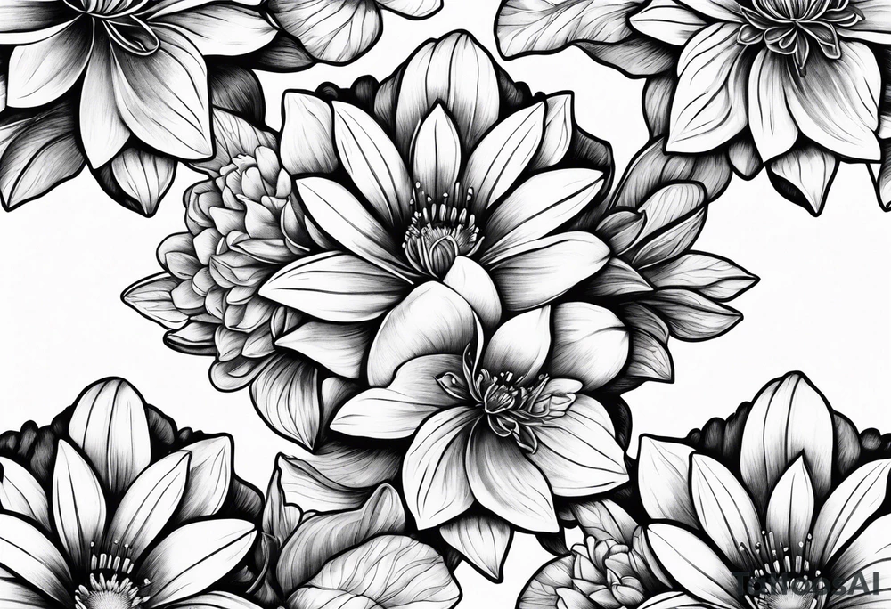 Water lilies and larkspur bouquet tattoo idea