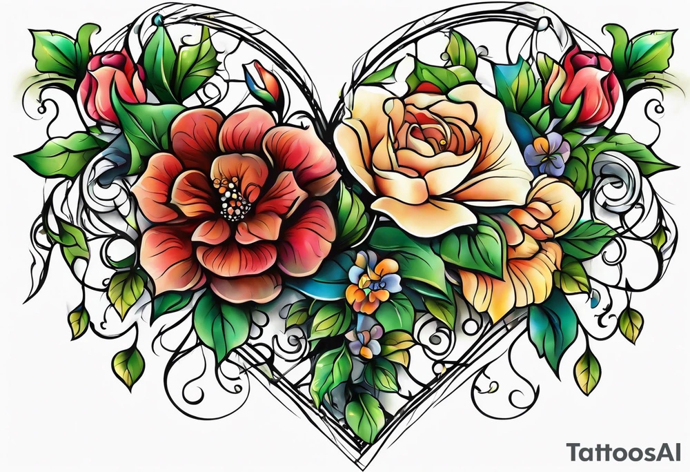 Time flowers leaves vine heart tattoo idea
