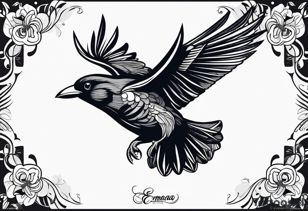 Corbeau en position de vol, avec le nom d'Emma au dessus del ailes tattoo idea