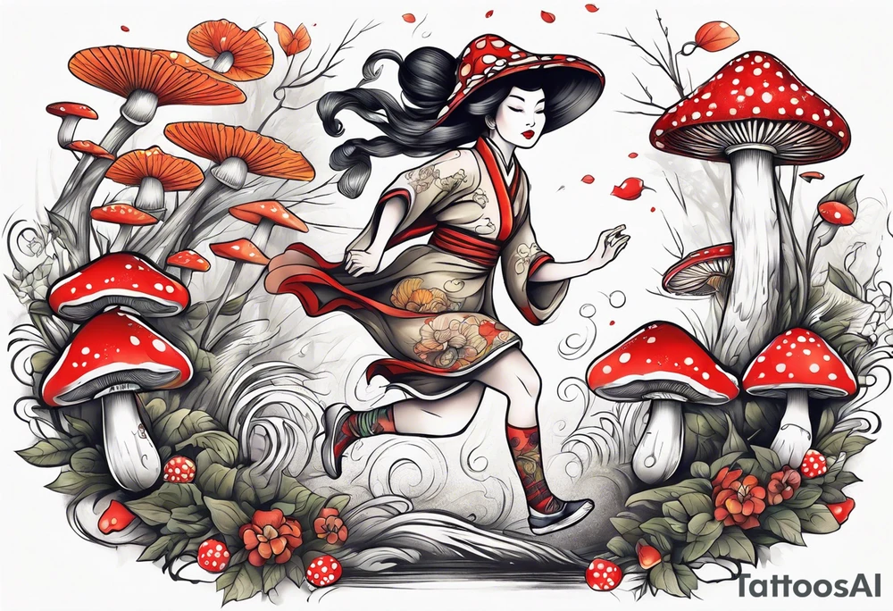 mushroom lady running naked in the woods tattoo idea
