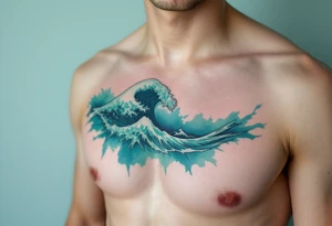 A wave outlined in black ink breaks across a background of soft teal watercolor. tattoo idea