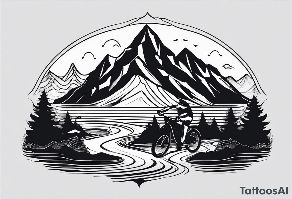 This is a minimalistic tattoo that is split into 2 sections; a top half and a bottom half. The top half is a mountain in Norway with a mountain bike trail winding down the mountain. The bottom half of the tattoo depicts an underwater scene featuring water, and sea life. tattoo idea