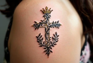Cross and Crown – A golden cross with intricate vine patterns wrapping around it, topped with a royal crown symbolizing the sovereignty of Christ. tattoo idea