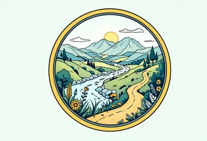 A landscape inside a bike wheel, with rolling hills, a flowing river, and a winding trail, colored in soft greens, blues, and warm yellows. tattoo idea