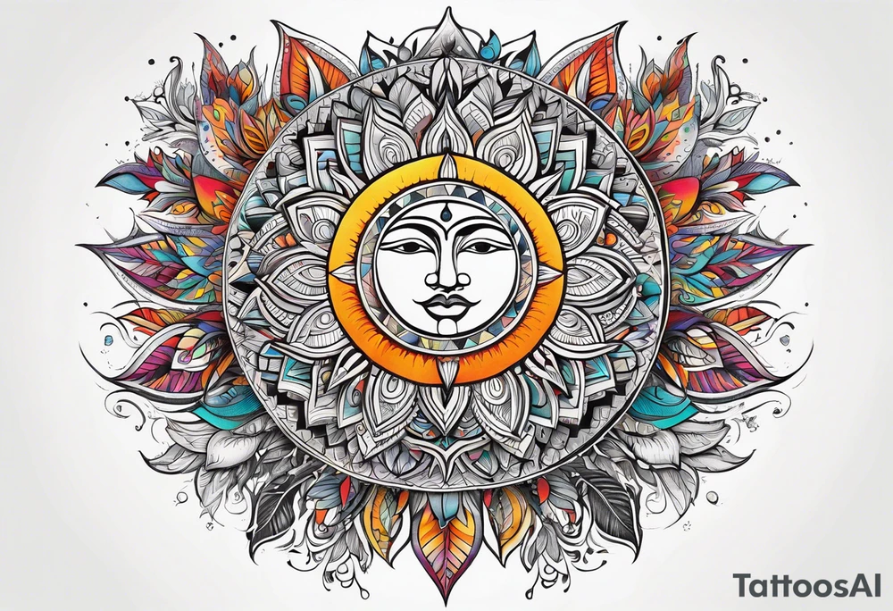 sacred moon and sun painted with Anishinaabe floral all over tattoo idea