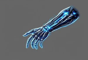 A transparent overlay effect showing the hand's inner mechanical structure, with shimmering metallic blue bones and joints. tattoo idea