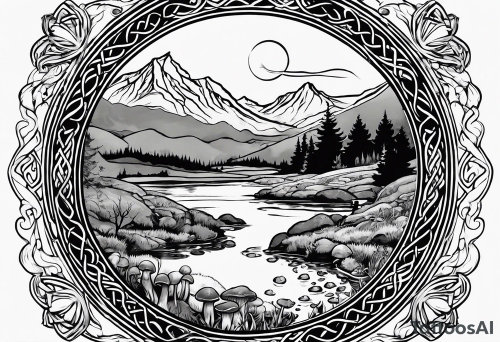 Whole picture encircled fully

Straight long blonde hair celestial girl in distance holding mushrooms in hand facing away toward mountains and creek surrounded by mushrooms long sleeve shirt and hiking pants; whole rendering within a full celtic circle border, no cut off circle tattoo idea