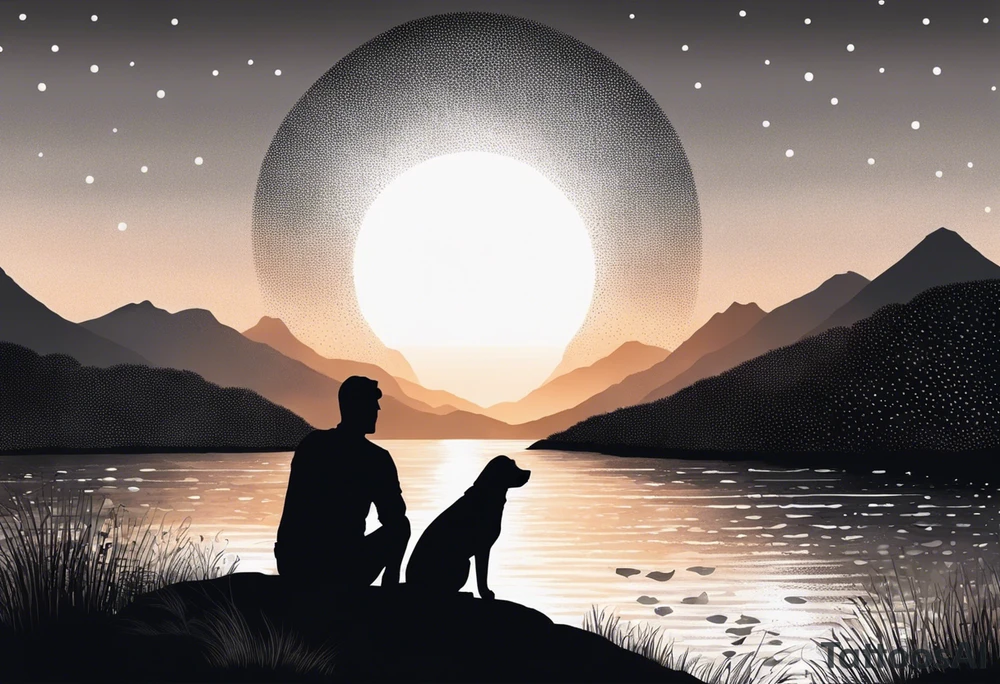 nature, sunset, mountains, a father and son sitting with their dog and cat 
by the water tattoo idea