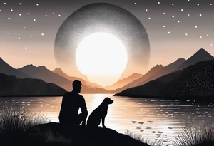 nature, sunset, mountains, a father and son sitting with their dog and cat 
by the water tattoo idea