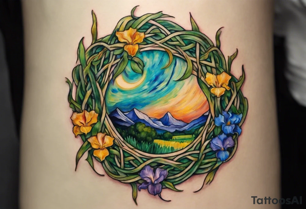 Create a small, colorful Vincent van Gogh Irises tattoo in the form of a crescent, with vines in Celtic knot style gracefully intertwining at a central point in the middle of the wreath. The intended placement is on the upper chest. The middle needs mountains. The overall design should be small in size while maintaining a delicate and artistic aesthetic. Pay attention to the graceful flow of the vines and the placement of the irises to achieve a refined and elegant look. tattoo idea
