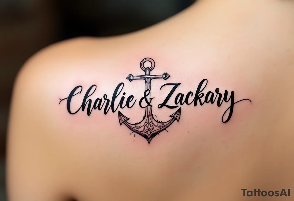 Design a small tattoo that artfully integrates the names "Charlie" and "Zackary" in elegant, intertwined cursive lettering. Surround the names with a bold, powerful symbol that conveys strength, unity, and protection—such as a shield, anchor, or lion emblem. The design should balance delicate script with a commanding central motif, creating a harmonious and meaningful piece perfect for a discreet placement like the wrist or inner forearm. tattoo idea